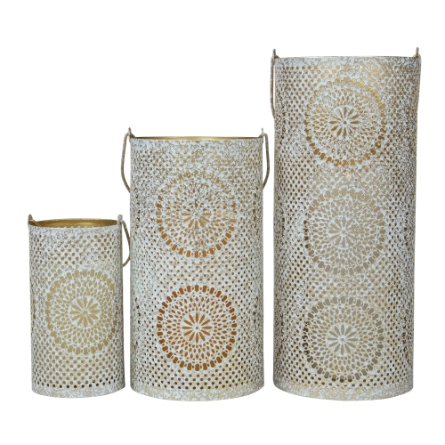 NORTHLIGHT  Set Of 3 And Gold Moroccan Style Pillar Candle Lanterns 10" In White