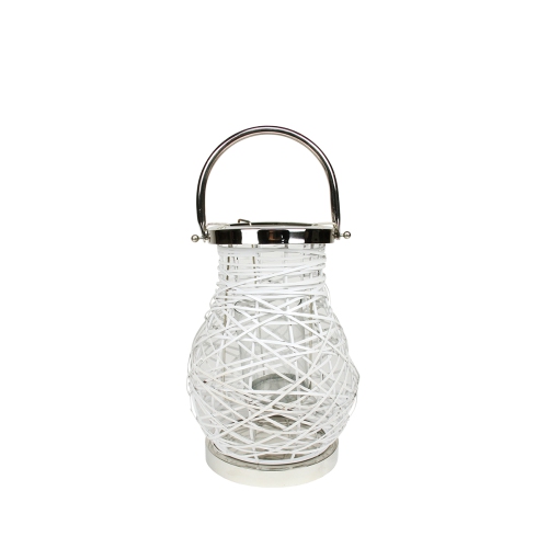 13.5" Modern White Decorative Woven Iron Pillar Candle Lantern with Glass Hurricane