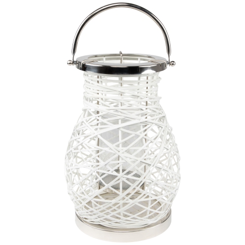 13.5" Modern White Decorative Woven Iron Pillar Candle Lantern with Glass Hurricane