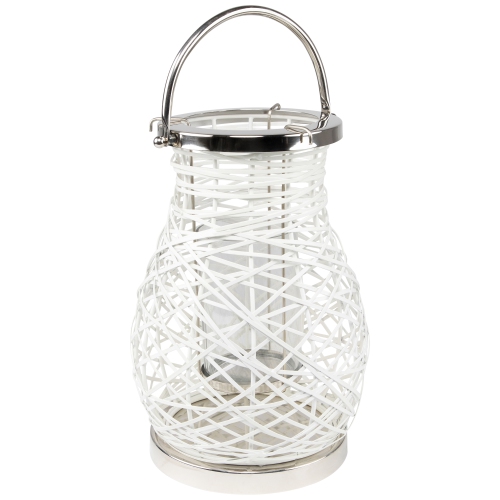 13.5" Modern White Decorative Woven Iron Pillar Candle Lantern with Glass Hurricane