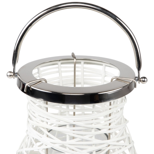 13.5" Modern White Decorative Woven Iron Pillar Candle Lantern with Glass Hurricane