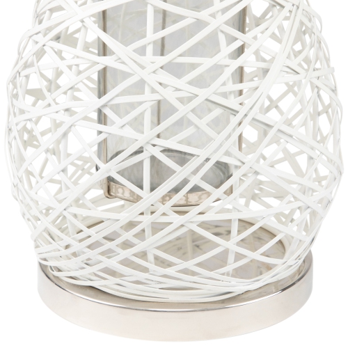 13.5" Modern White Decorative Woven Iron Pillar Candle Lantern with Glass Hurricane