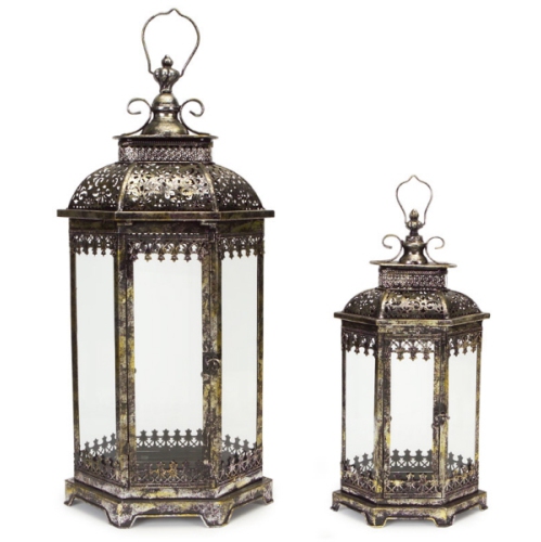 Set of 2 Antique Style Pewter Gray Decorative Glass Pillar Candle Lanterns 34"