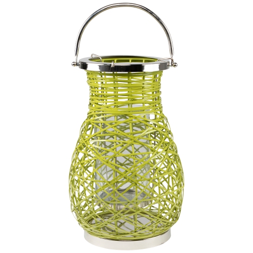 16.25" Modern Green Decorative Woven Iron Pillar Candle Lantern with Glass Hurricane