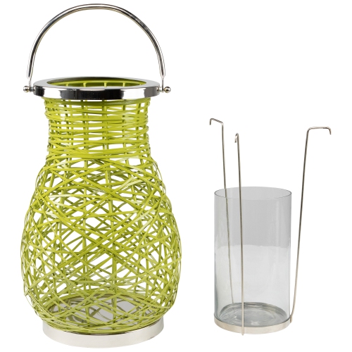 16.25" Modern Green Decorative Woven Iron Pillar Candle Lantern with Glass Hurricane