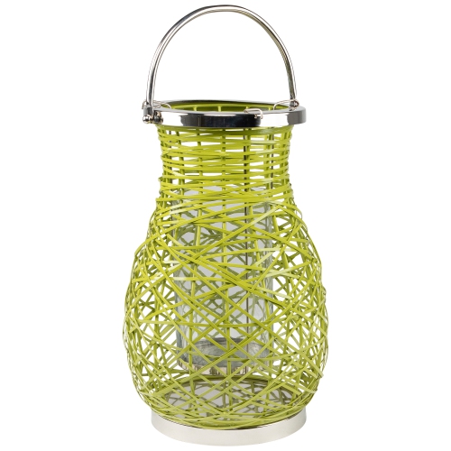 16.25" Modern Green Decorative Woven Iron Pillar Candle Lantern with Glass Hurricane