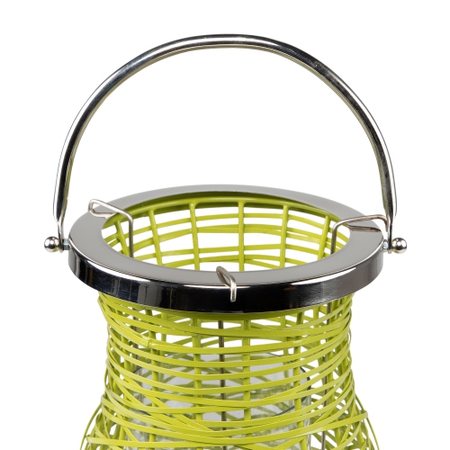 16.25" Modern Green Decorative Woven Iron Pillar Candle Lantern with Glass Hurricane