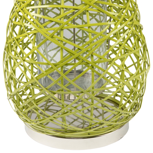 16.25" Modern Green Decorative Woven Iron Pillar Candle Lantern with Glass Hurricane
