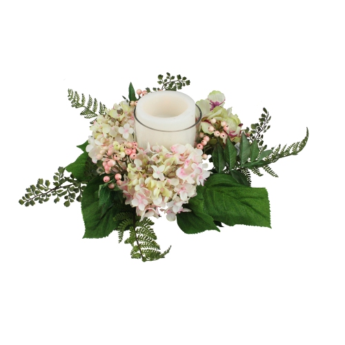 16" Decorative Artificial Pink and Green Hydrangea and Berry Hurricane Glass Candle Holder