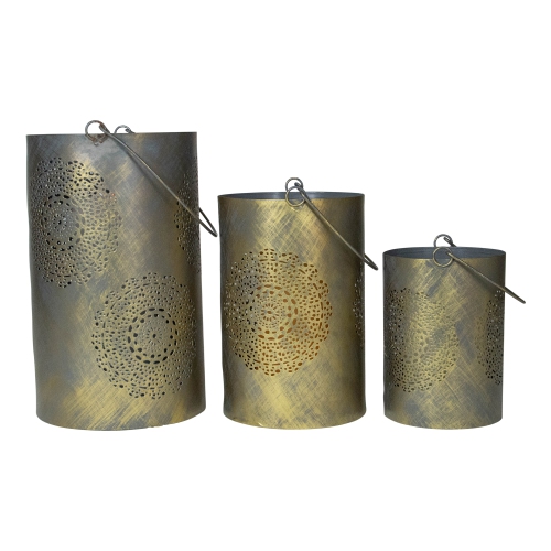 NORTHLIGHT  Set Of 3 And Gold Floral Designed Pillar Candle Lanterns 10" In Gray