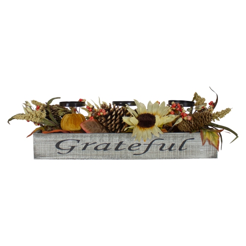 NORTHLIGHT  26" Autumn Harvest Sunflower 3-Piece Candle Holder In A "grateful" Rustic Wooden Box Centerpiece