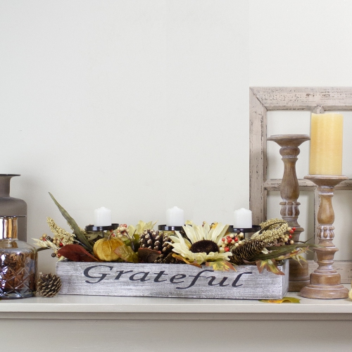 26" Autumn Harvest Sunflower 3-Piece Candle Holder in a "Grateful" Rustic Wooden Box Centerpiece