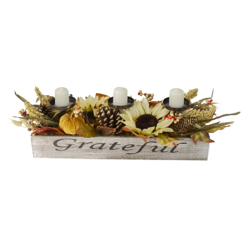 26" Autumn Harvest Sunflower 3-Piece Candle Holder in a "Grateful" Rustic Wooden Box Centerpiece