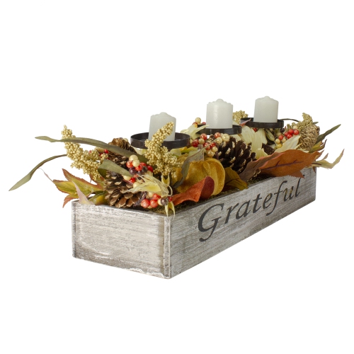 26" Autumn Harvest Sunflower 3-Piece Candle Holder in a "Grateful" Rustic Wooden Box Centerpiece