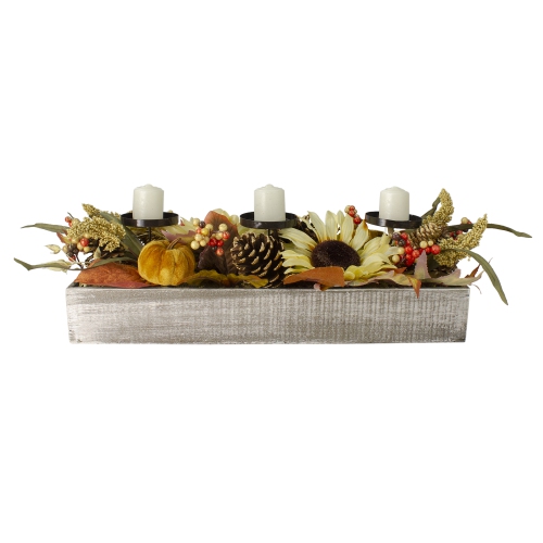 26" Autumn Harvest Sunflower 3-Piece Candle Holder in a "Grateful" Rustic Wooden Box Centerpiece