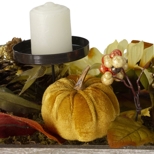 26" Autumn Harvest Sunflower 3-Piece Candle Holder in a "Grateful" Rustic Wooden Box Centerpiece
