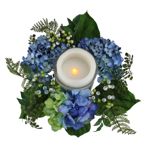 16" Decorative Artificial Blue and Green Hydrangea and Berry Hurricane Glass Candle Holder