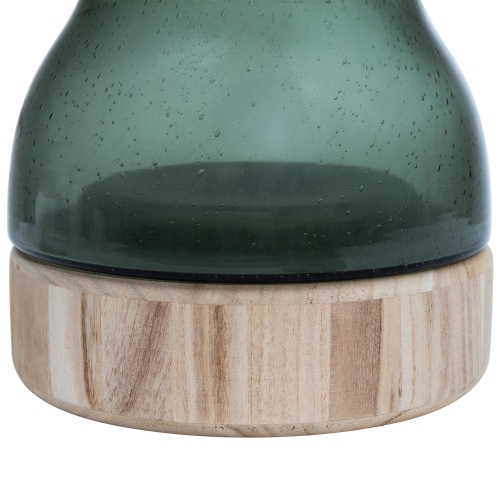 7.75" Storm Gray Bubble Glass Pillar Candle Holder with Wooden Base