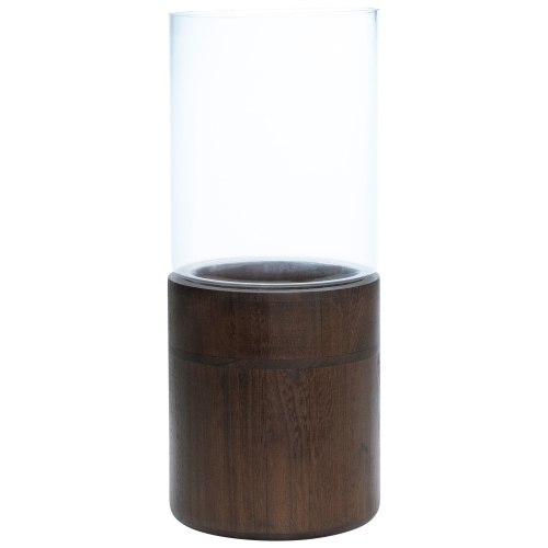 15.25" Clear Glass Hurricane Pillar Candle Holder with Wooden Base