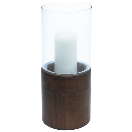 15.25" Clear Glass Hurricane Pillar Candle Holder with Wooden Base