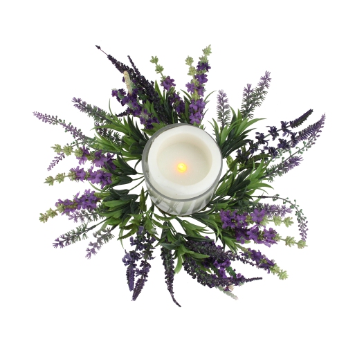 15" Decorative Artificial Purple Lavender Hurricane Glass Candle Holder