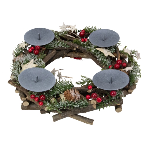 12" Pine Cones and Berries with Stars Christmas Votive Candle Holder