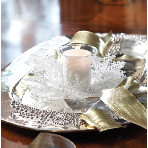 Winter Solace White Christmas Glass Pillar Candle Holder with Snowflake Ring