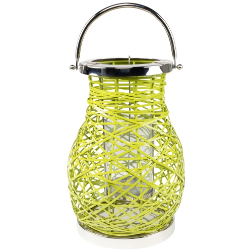 13.5" Modern Green Decorative Woven Iron Pillar Candle Lantern with Glass Hurricane