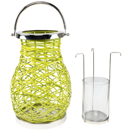 13.5" Modern Green Decorative Woven Iron Pillar Candle Lantern with Glass Hurricane
