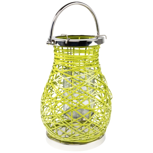 13.5" Modern Green Decorative Woven Iron Pillar Candle Lantern with Glass Hurricane
