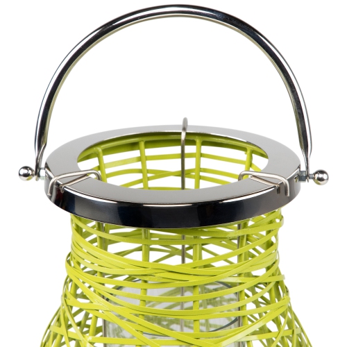 13.5" Modern Green Decorative Woven Iron Pillar Candle Lantern with Glass Hurricane