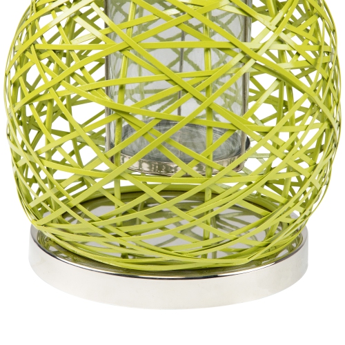 13.5" Modern Green Decorative Woven Iron Pillar Candle Lantern with Glass Hurricane