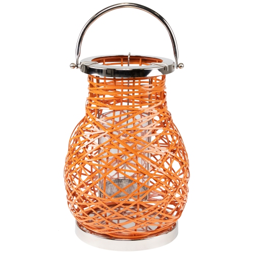 13.5" Modern Orange Decorative Woven Iron Pillar Candle Lantern with Glass Hurricane