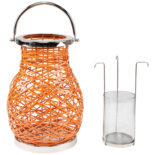13.5" Modern Orange Decorative Woven Iron Pillar Candle Lantern with Glass Hurricane