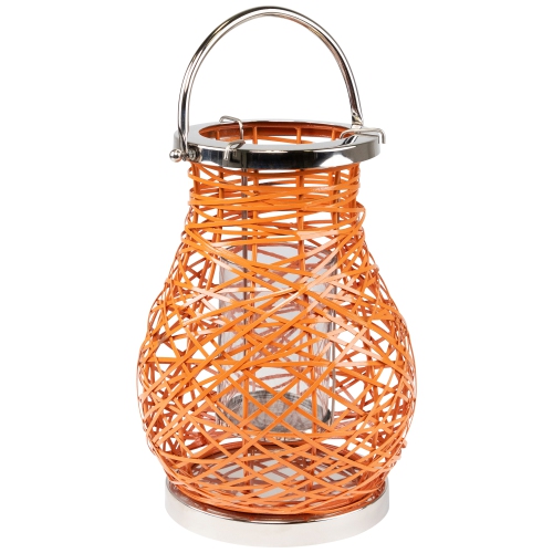13.5" Modern Orange Decorative Woven Iron Pillar Candle Lantern with Glass Hurricane
