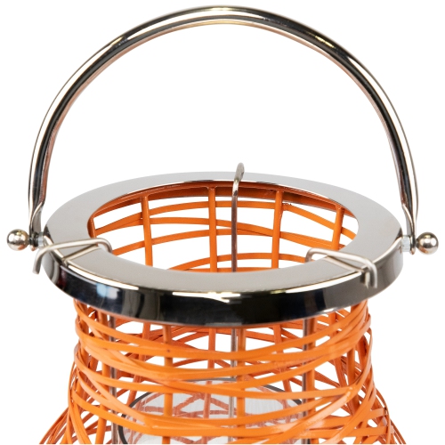 13.5" Modern Orange Decorative Woven Iron Pillar Candle Lantern with Glass Hurricane
