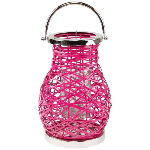 13.5" Modern Fuchsia Pink Decorative Woven Iron Pillar Candle Lantern with Glass Hurricane