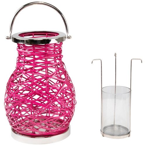 13.5" Modern Fuchsia Pink Decorative Woven Iron Pillar Candle Lantern with Glass Hurricane