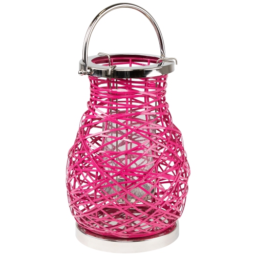 13.5" Modern Fuchsia Pink Decorative Woven Iron Pillar Candle Lantern with Glass Hurricane