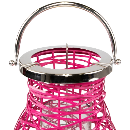 13.5" Modern Fuchsia Pink Decorative Woven Iron Pillar Candle Lantern with Glass Hurricane