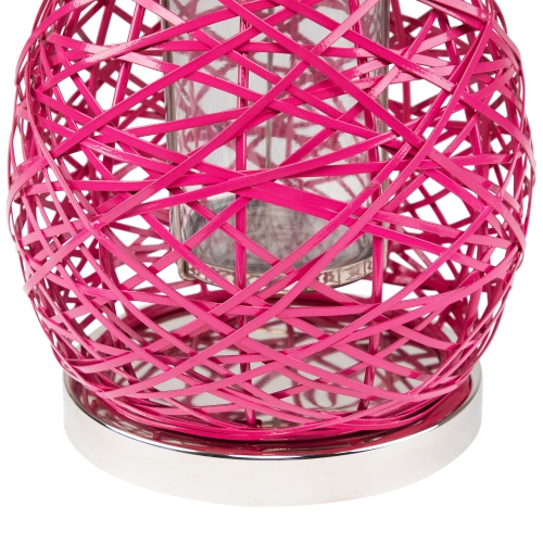 13.5" Modern Fuchsia Pink Decorative Woven Iron Pillar Candle Lantern with Glass Hurricane