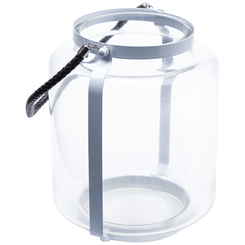 18" Clear Glass Pillar Candle Lantern with White Metal Frame