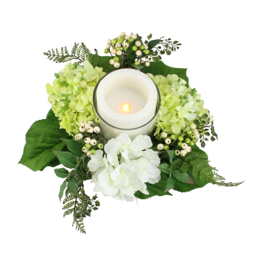 16" Decorative Artificial Cream White and Green Hydrangea and Berry Hurricane Glass Candle Holder