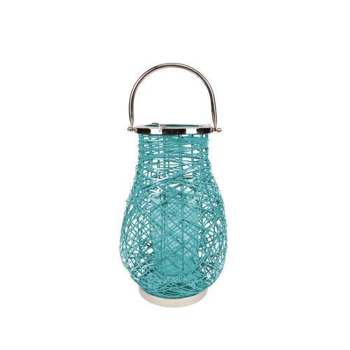 16.25" Modern Turquoise Blue Decorative Woven Iron Pillar Candle Lantern with Glass Hurricane