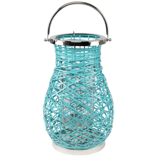 16.25" Modern Turquoise Blue Decorative Woven Iron Pillar Candle Lantern with Glass Hurricane