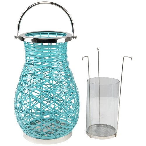 16.25" Modern Turquoise Blue Decorative Woven Iron Pillar Candle Lantern with Glass Hurricane