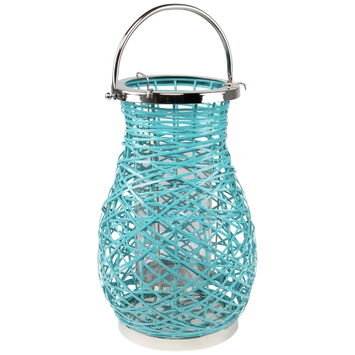 16.25" Modern Turquoise Blue Decorative Woven Iron Pillar Candle Lantern with Glass Hurricane