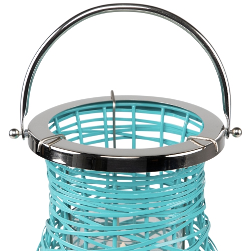 16.25" Modern Turquoise Blue Decorative Woven Iron Pillar Candle Lantern with Glass Hurricane
