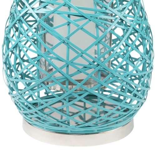 16.25" Modern Turquoise Blue Decorative Woven Iron Pillar Candle Lantern with Glass Hurricane