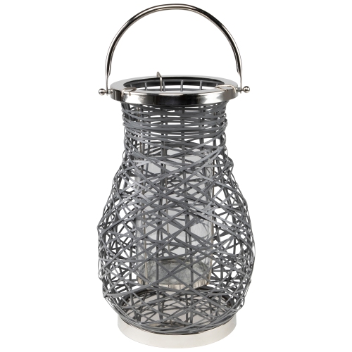 16.25" Modern Gray Decorative Woven Iron Pillar Candle Lantern with Glass Hurricane